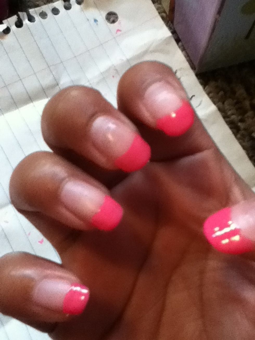 Paint your nail tips pink I did 2 coats let ur nail polish dry between coats