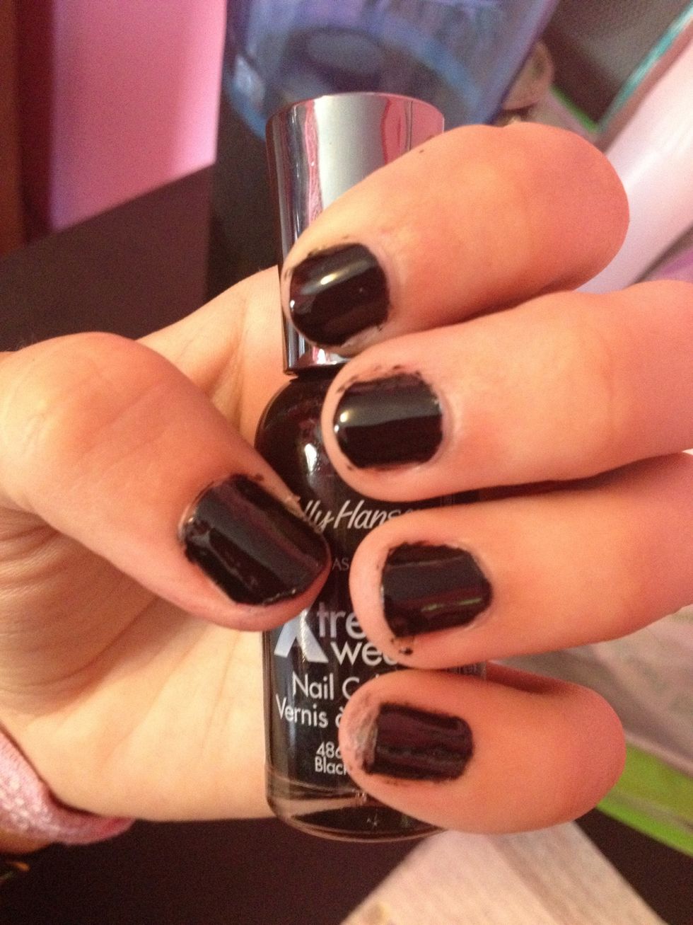 Paint your nails black for the base. I used Sally Hansen "Black Out (370)"