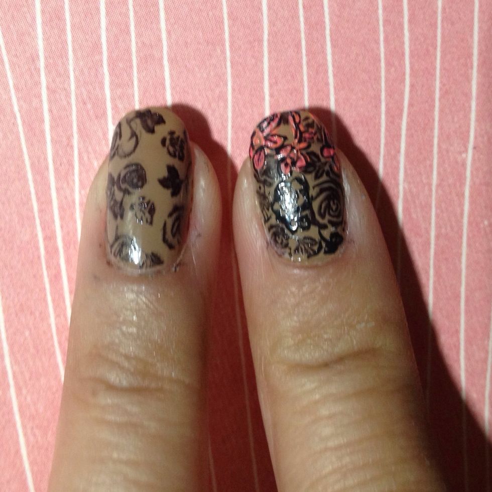 Paint your nails with a dark caramel polish until its opaque. Use konad m65 rose image and transfer on your nails.