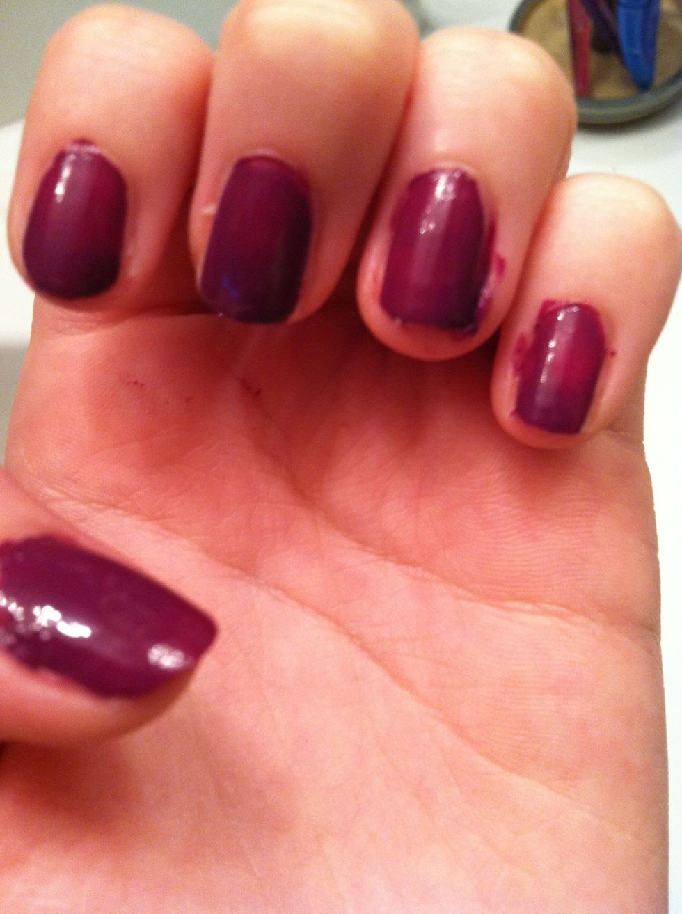 Paint your nails with the purple let dry (sorry that they are so messy)