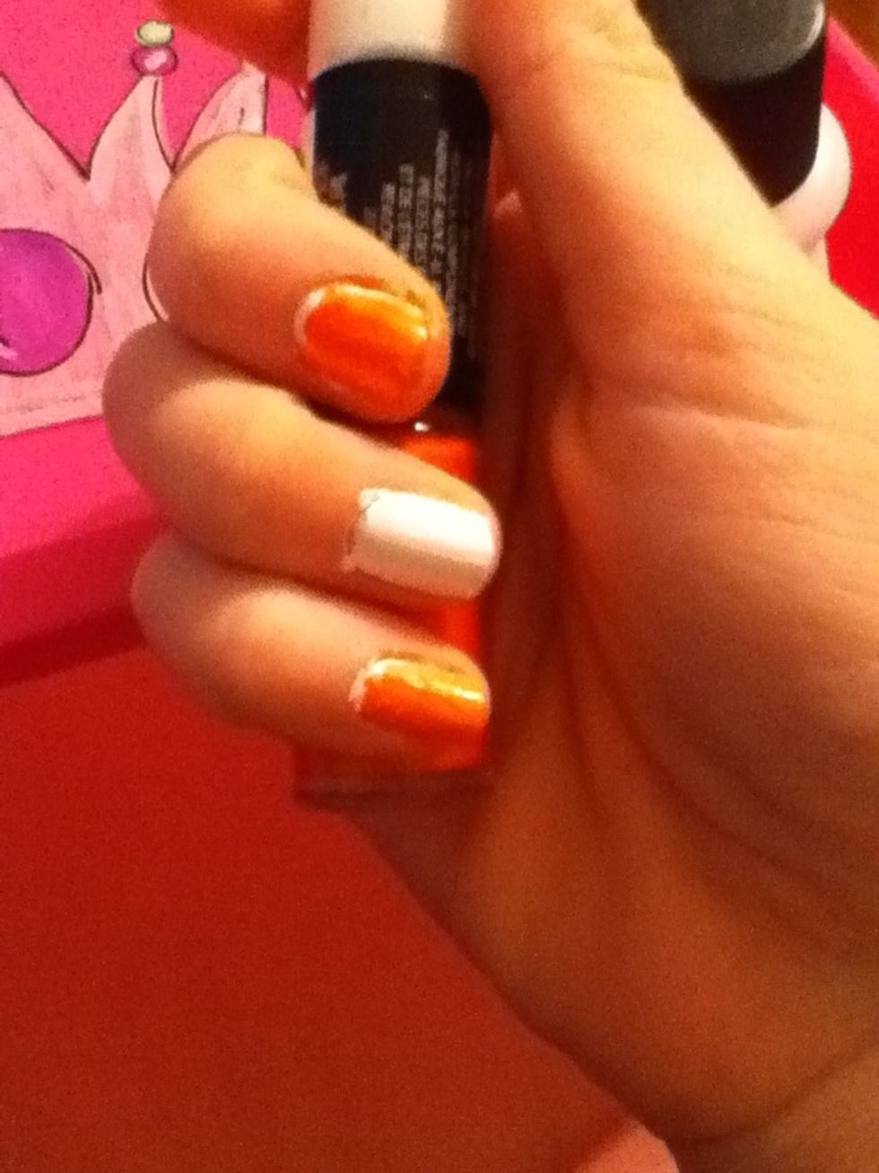 Paint your neon color. It will look much better after we finish. I left my ring finger white because it will be my feature nail. Wait to dry\u2026\ud83d\udd5b\ud83d\udd50\ud83d\udd51\ud83d\udd52