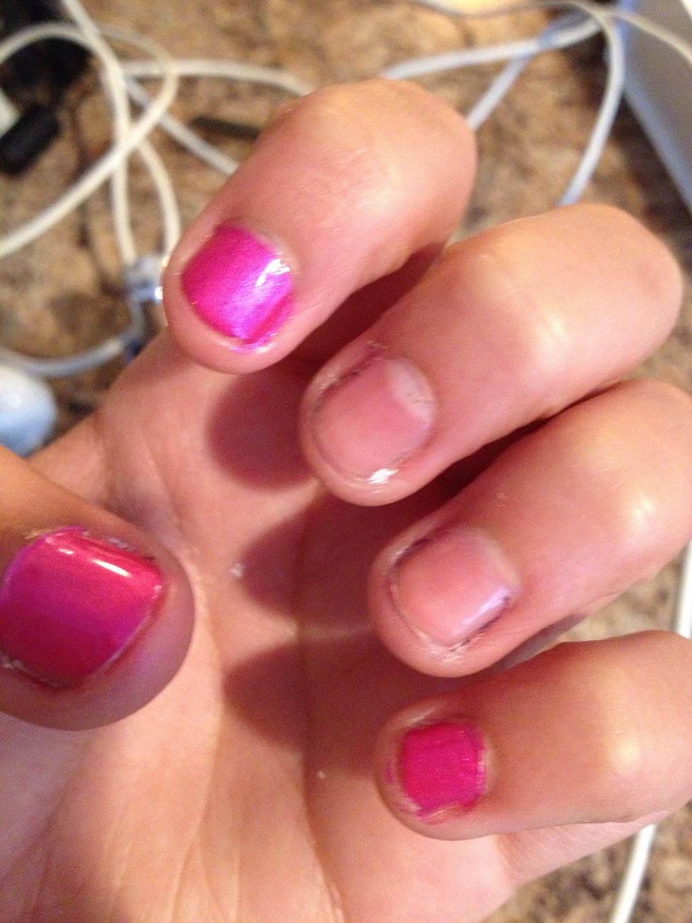 Paint your thumb, pointer, and pinky finger pink.