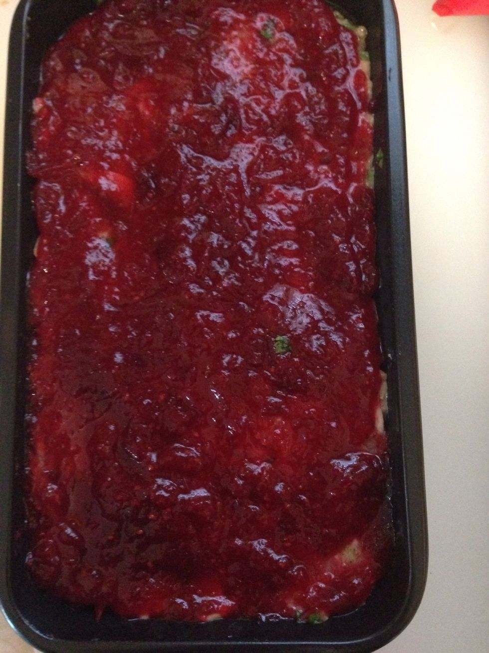 Pam spray your loaf pan, add the mixture and top it off with cranberry sauce( check out my guide on easy cranberry sauce).