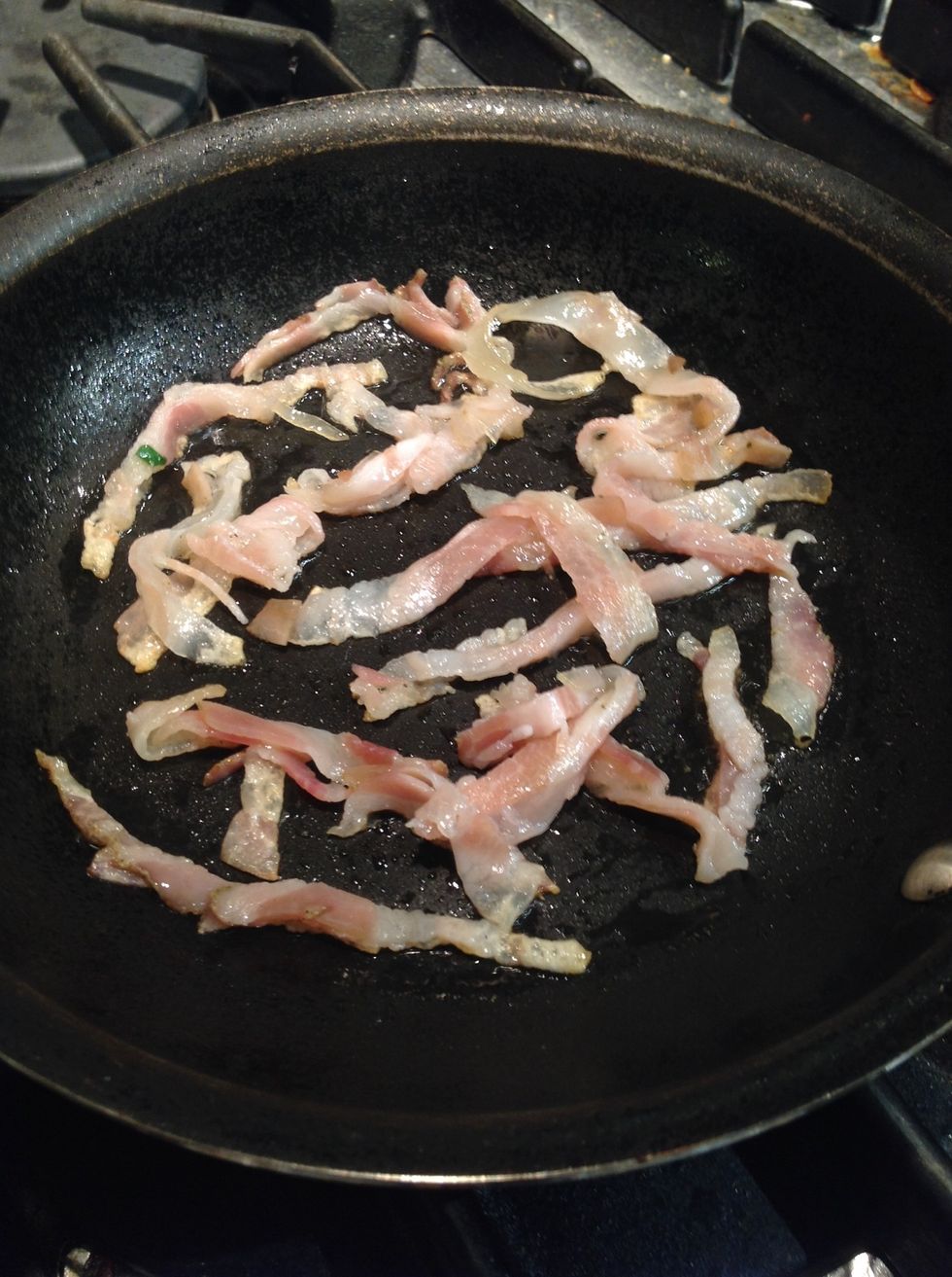 Pan fry pancetta in a little olive oil until crisp.