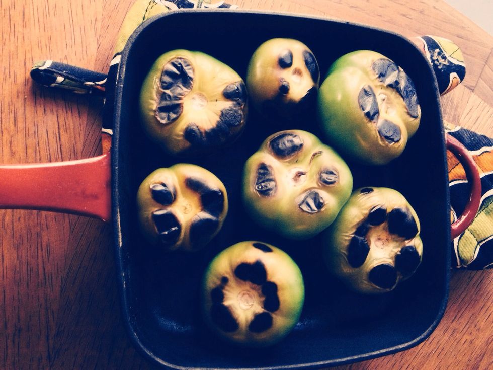 Pan roast tomatillos until browned and soft but not mushy