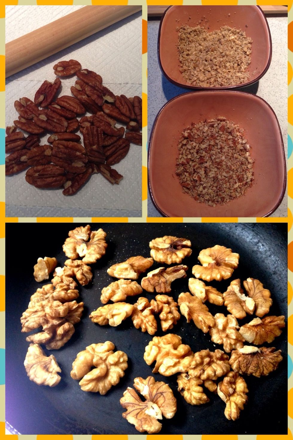 Pan roast walnuts until golden brown & fragrant. Cover both walnuts & pecans with kitchen towel & crush into small pieces with rolling pin. Then, crush the chocolates into small pieces. Set aside.