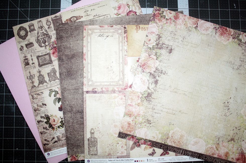 Paper seen here is from the Swirlydoos March 2016 Collection. The paper line is Tales of me and You by Prima. 1.Cardstock 2. Busy paper design 3. darker shade of paper 4. cards 5.main focal paper