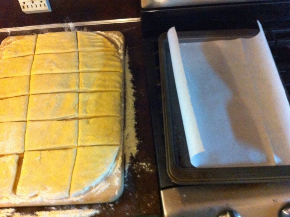 Parchment paper in, no oil. Just the paper. Set next to your dough.