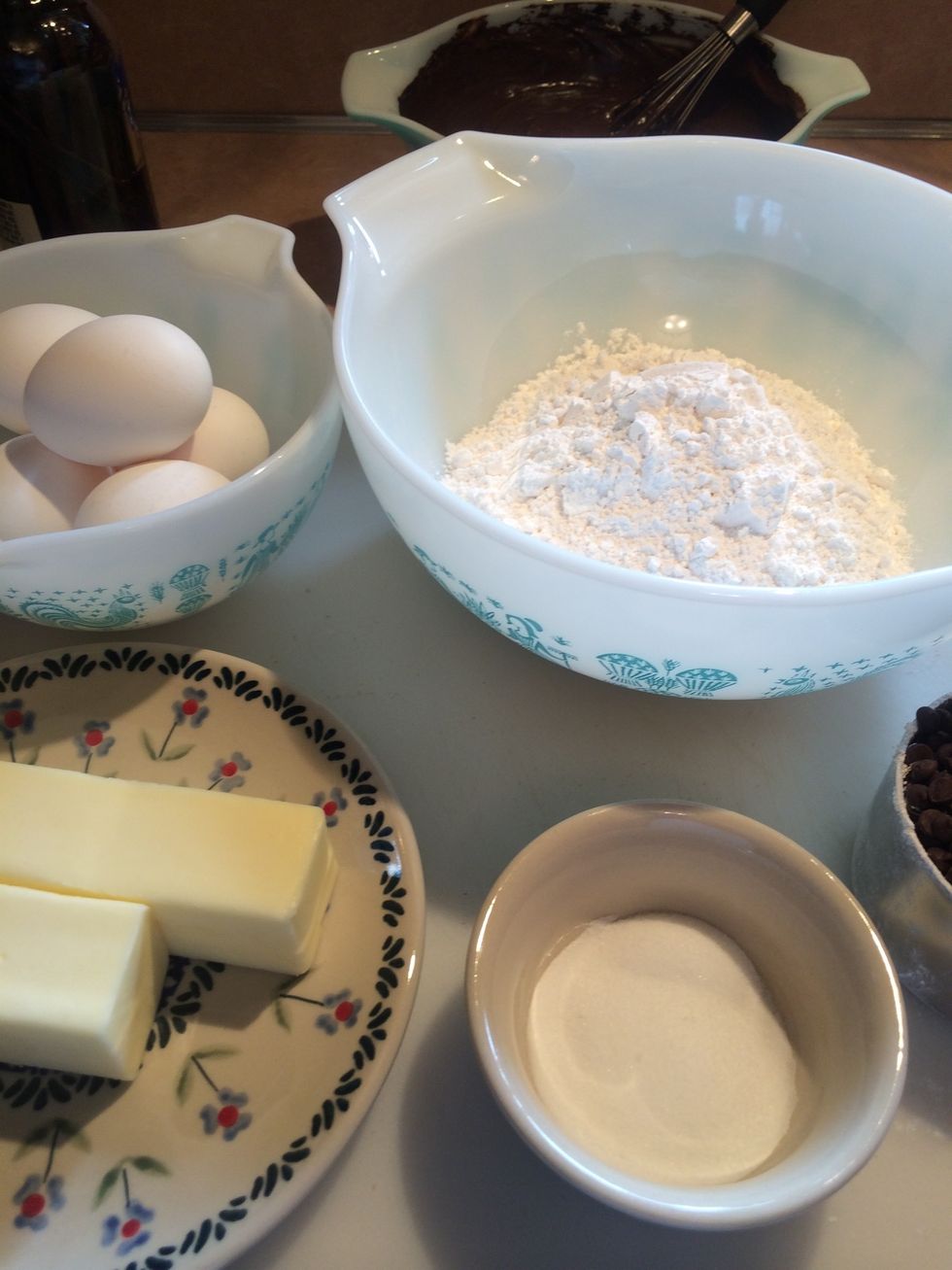 Part 2: gather 1 1/2 sticks butter, 2 cup brown sugar, 5 eggs, 1 3/4 cup flour, 1 tsp baking soda, 1 tsp salt, 1 tbls vanilla and 1 cup mini chocolate chips.