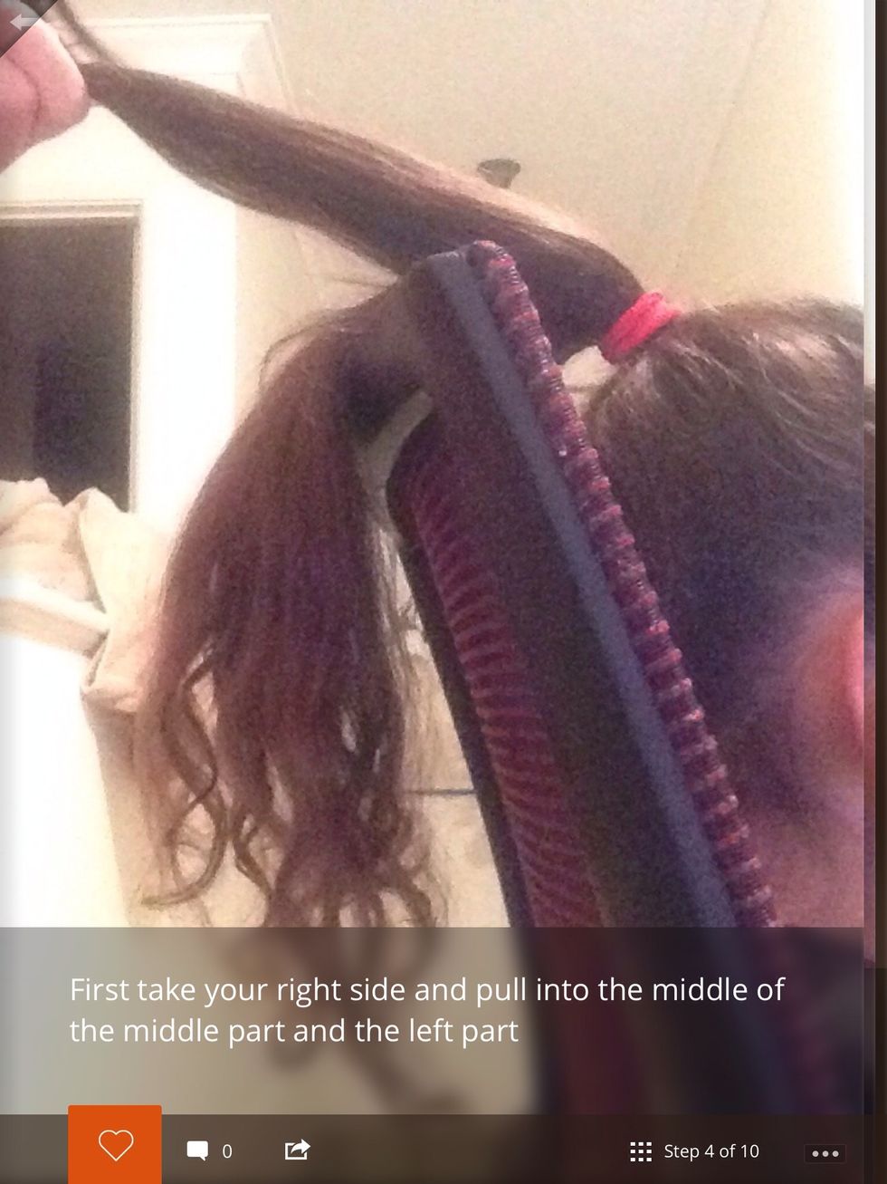 Part the pony tail into three parts and then bring the right part into the middle.