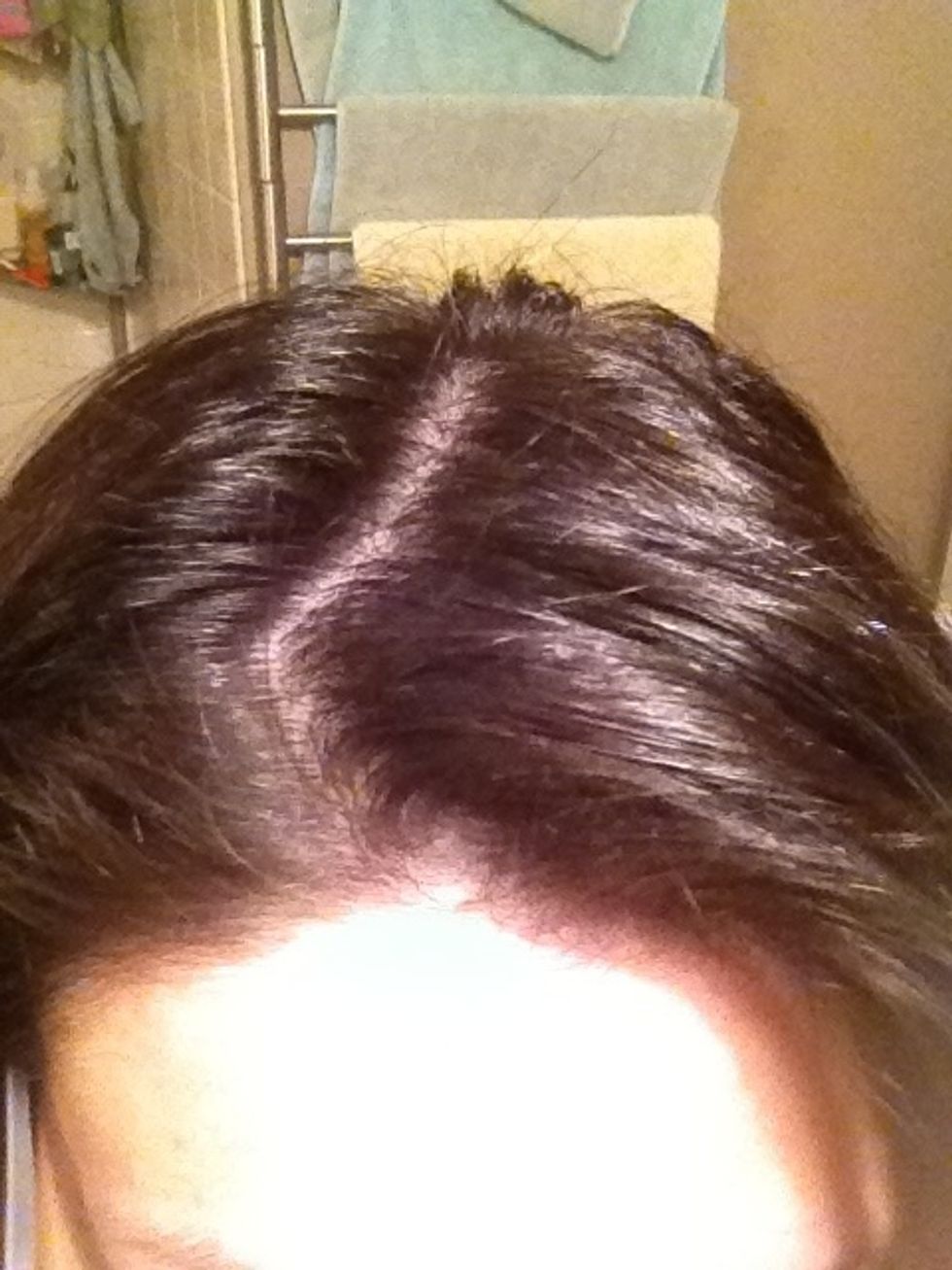 Part your hair however you like, and split it into 2 equal sections. Try not to make the part going down the back too specific/perfect or the hair won't blend well. Clip one side out of the way.