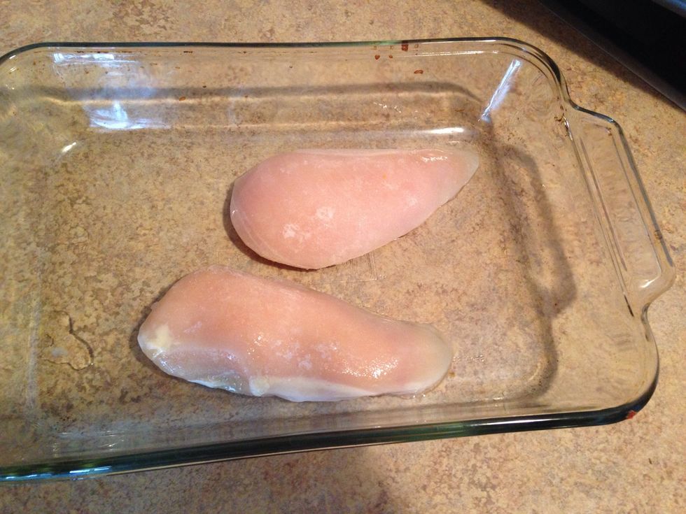 Partially defrost (or use fresh) 2 medium-large sized chicken breasts. I often put them partially frozen in the crockpot to avoid overcooking. No one likes rubbery chicken!