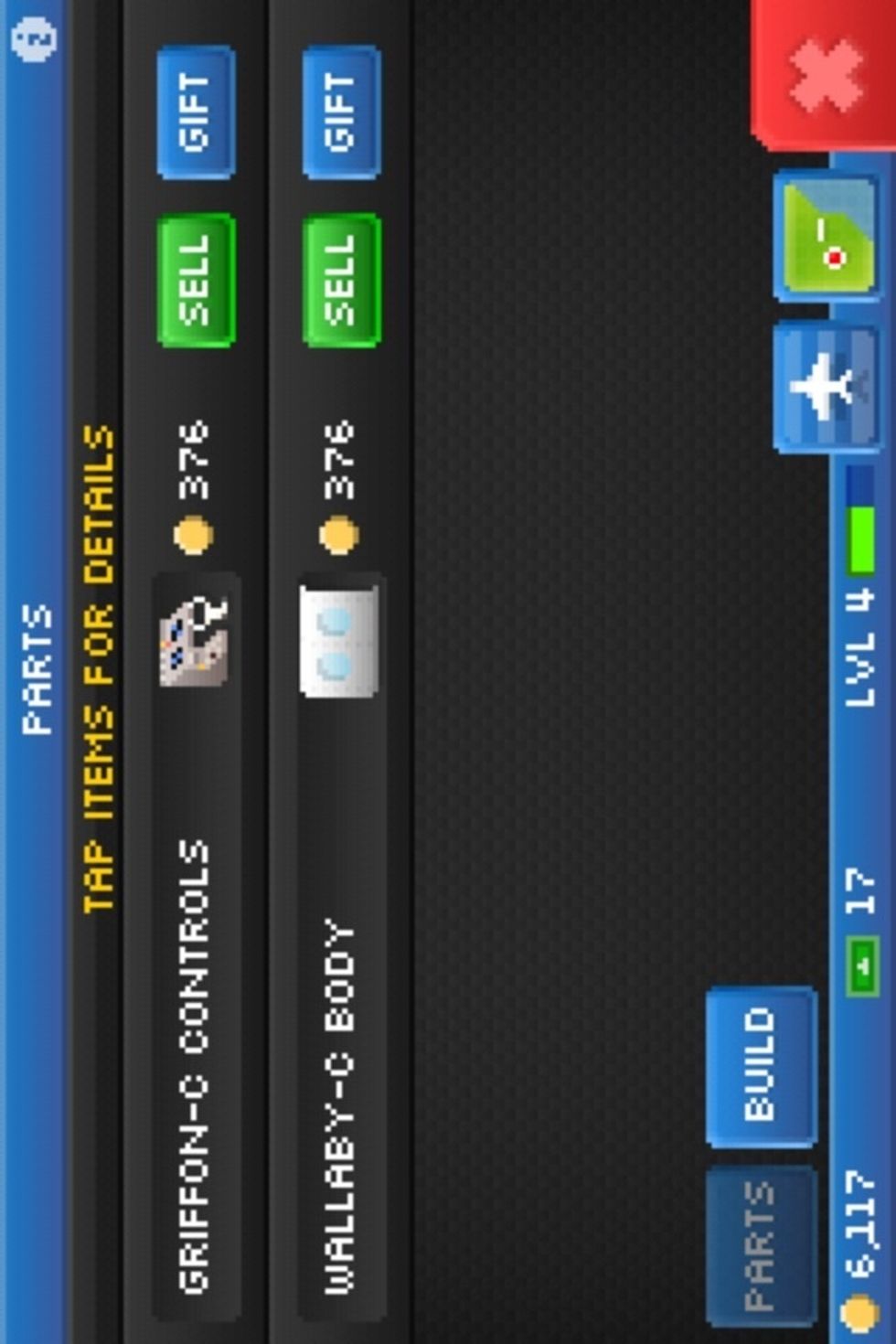 Parts help you build planes. You can buy them with Bux or receive them when you level up.