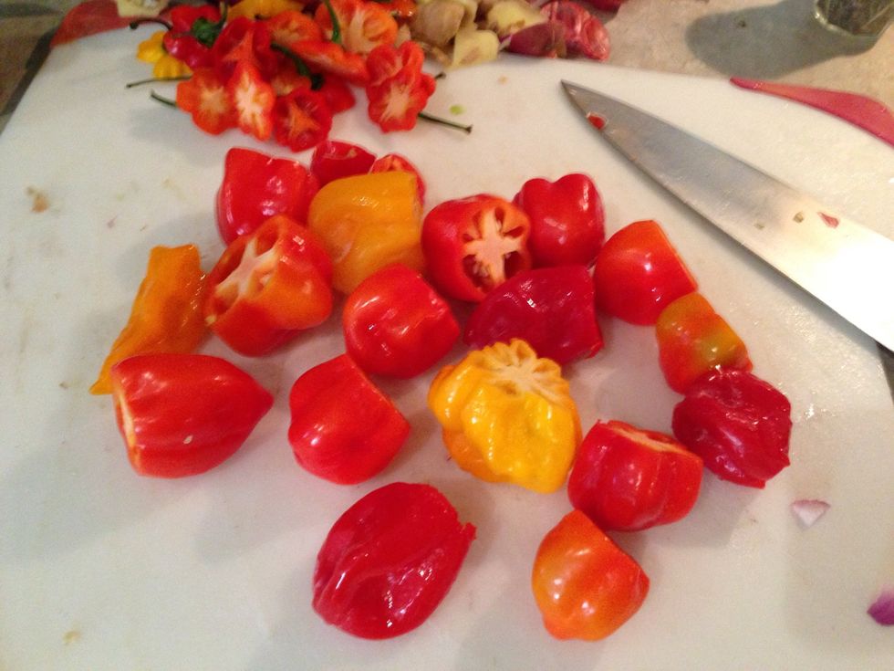 Past step you can see gloves. Don't be a hero, use them. Anyway, off with their heads! I save this step for last as I like to put cutting board and knife straight to the sink.