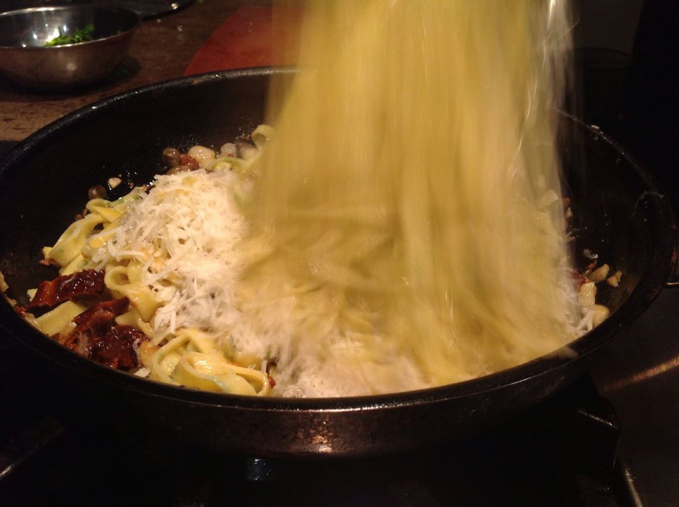 Pasta cooks in salted water in about a minute or until it floats. Drain and add to the pan. Toss in the grated cheese.