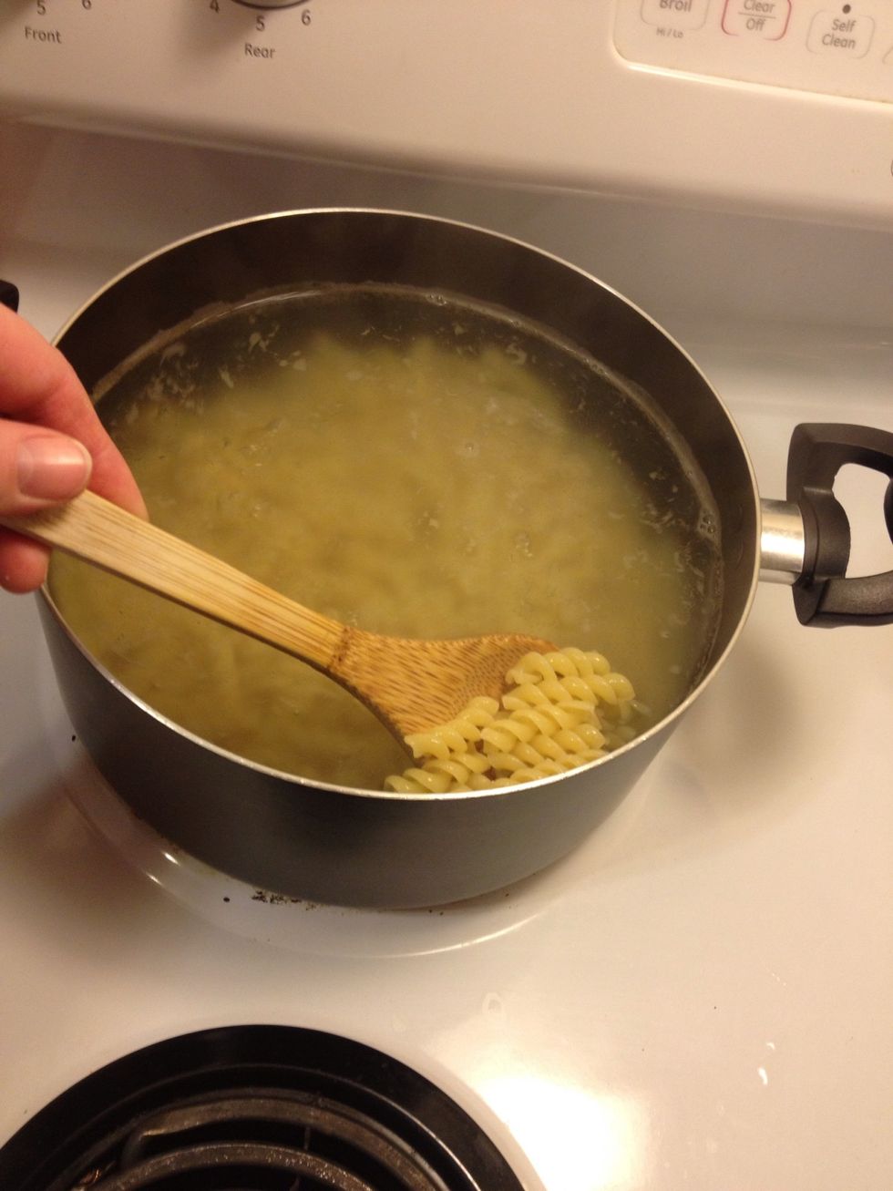 Pasta is 12 oz of Rotini pasta, drain and set aside, reserve 1 cup of pasta water
