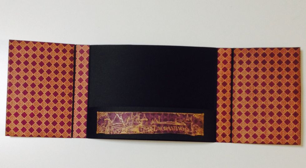 Paste inside with Graphic45 An Eerie Tale12'paper pad as shown Cut a black paper(any) sized 2 1/2'x8 1/2' and paste just edge of wall Past with Graphic45 An Eerie Tale12'paper  shown