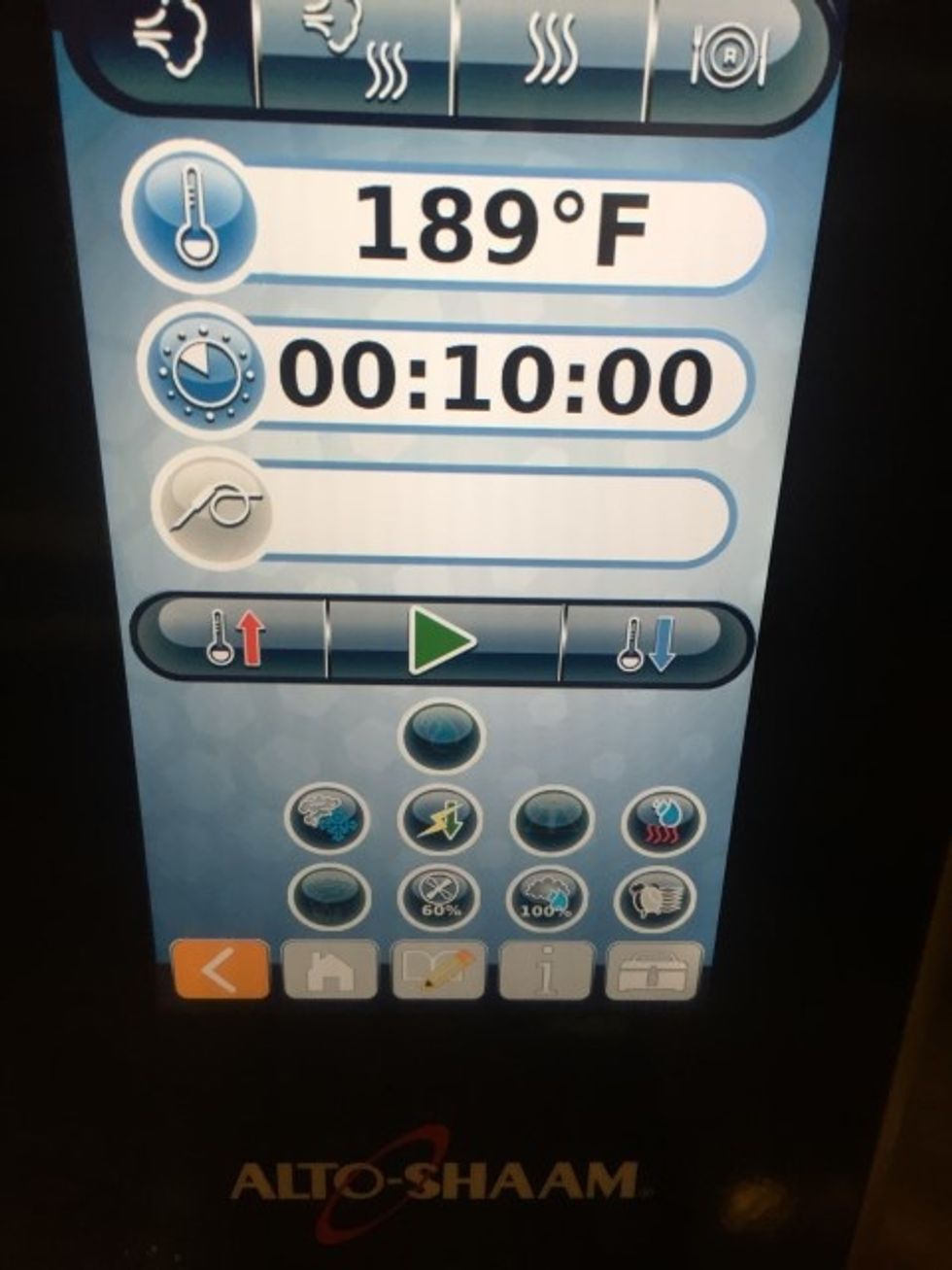 Pasteurize the cryovac roasts in Alto-Shaam CTP Combi Oven at 189F for 10 minutes.