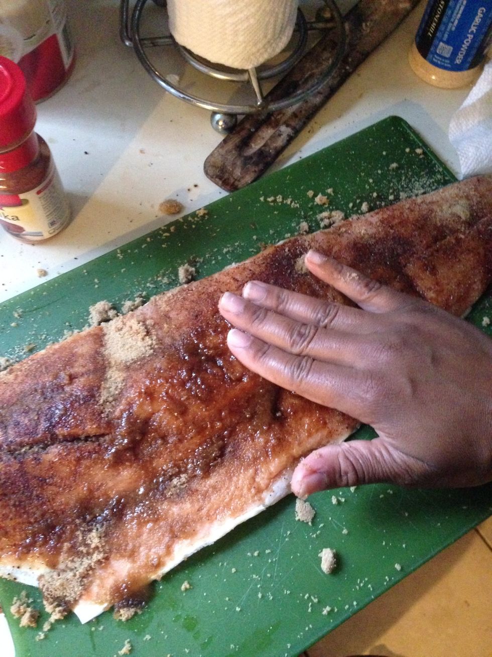 Pat all seasonings with your hand! Make sure the seasons are evenly spread