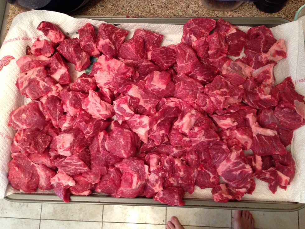 Pat the beef dry and season it with salt and pepper. Note: the chuck has more fat on it than stew beef, don't skimp on the meat, find chuck.