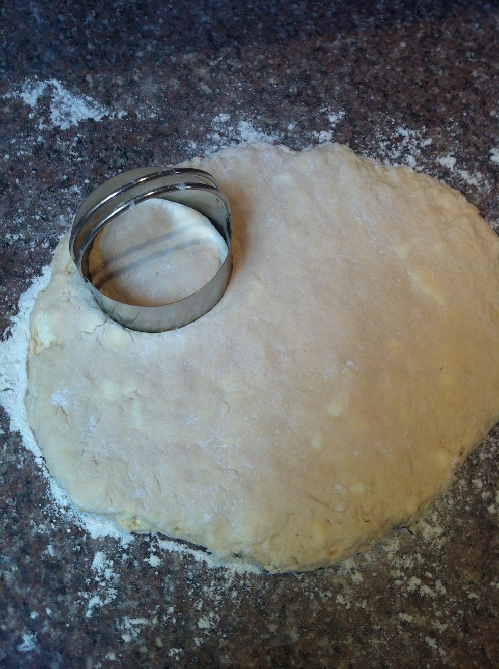Pat the dough out with your hands (not with a rolling pin!) until it's about 1/2 inch thick and start cutting biscuits with a biscuit cutter.