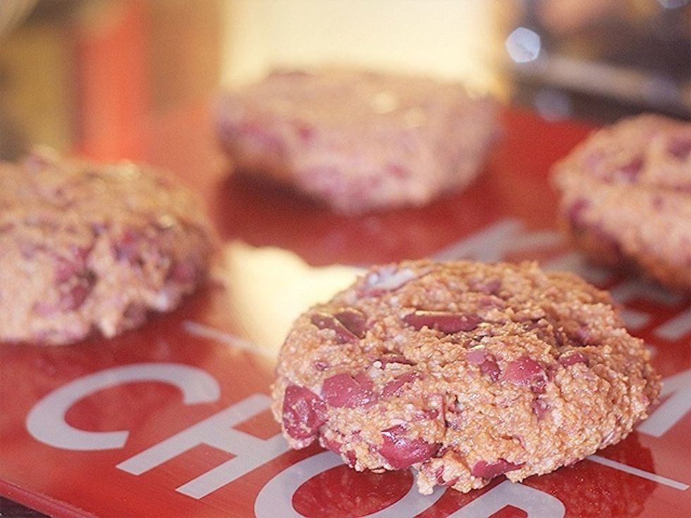 Pat them down into patties. You can either freeze them for another time, or cook now! They only take 4 or 5 minutes each side in the oven at 200*C.