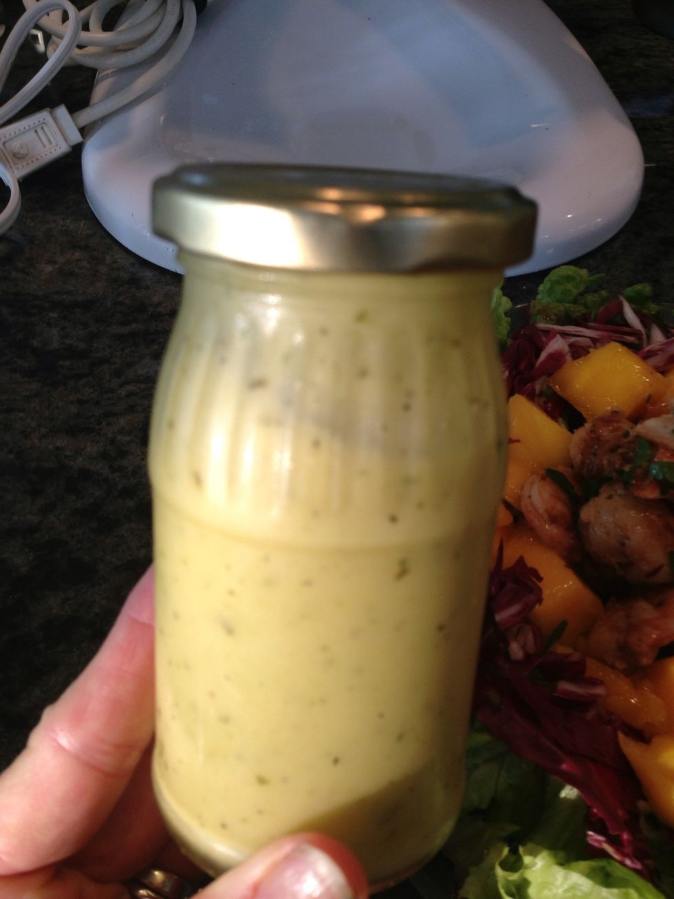 Peach dressing over the mangoes impart the taste of peaches. But they do not turn brown. You can also substitute chicken for the shrimp. I will post the dressing recipe later. Now a pic of my notes.