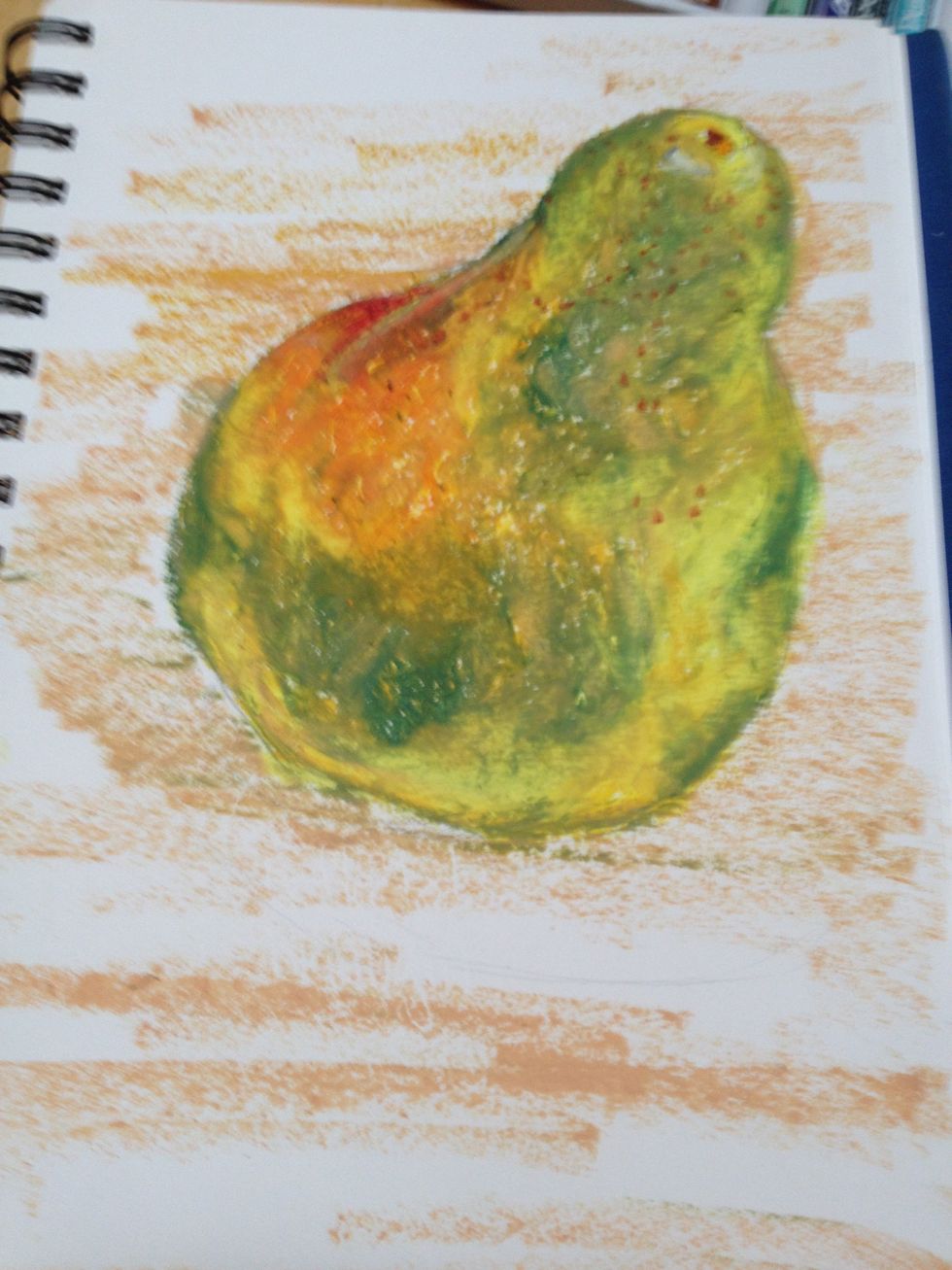 Peach for the table in a streaked mark, lighter at the top. My goal is not to cover the whole thing solid but rather to work with the white of the paper on a light object.