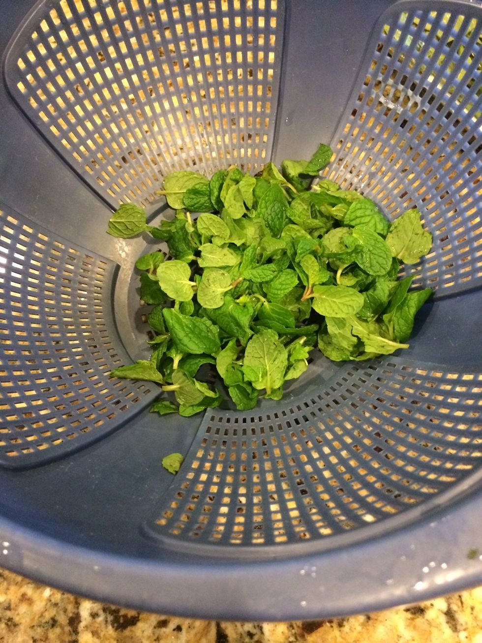 Peal the leaves off of the stems of the basil and mint.