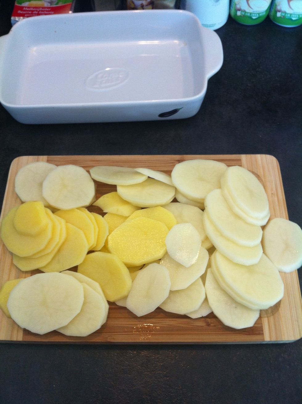 Peal your potatoes and slice them. I used a slicer, shhhh \ud83d\ude4a, don't tell anyone I cheated \ud83d\ude48