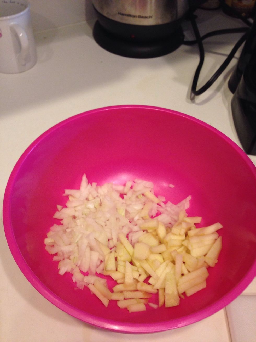 Peel 1/2 of a sweet onion & 1/2 of an apple and chop them up finely.