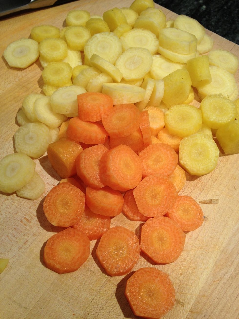 Peel and chop 6 carrots. Multicolor carrots give the dish some extra color. I found these pretty yellow carrots at my local farmers market.