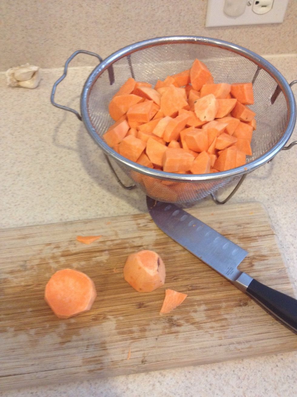 Peel and chop sweet potatoes. Rinse and set aside