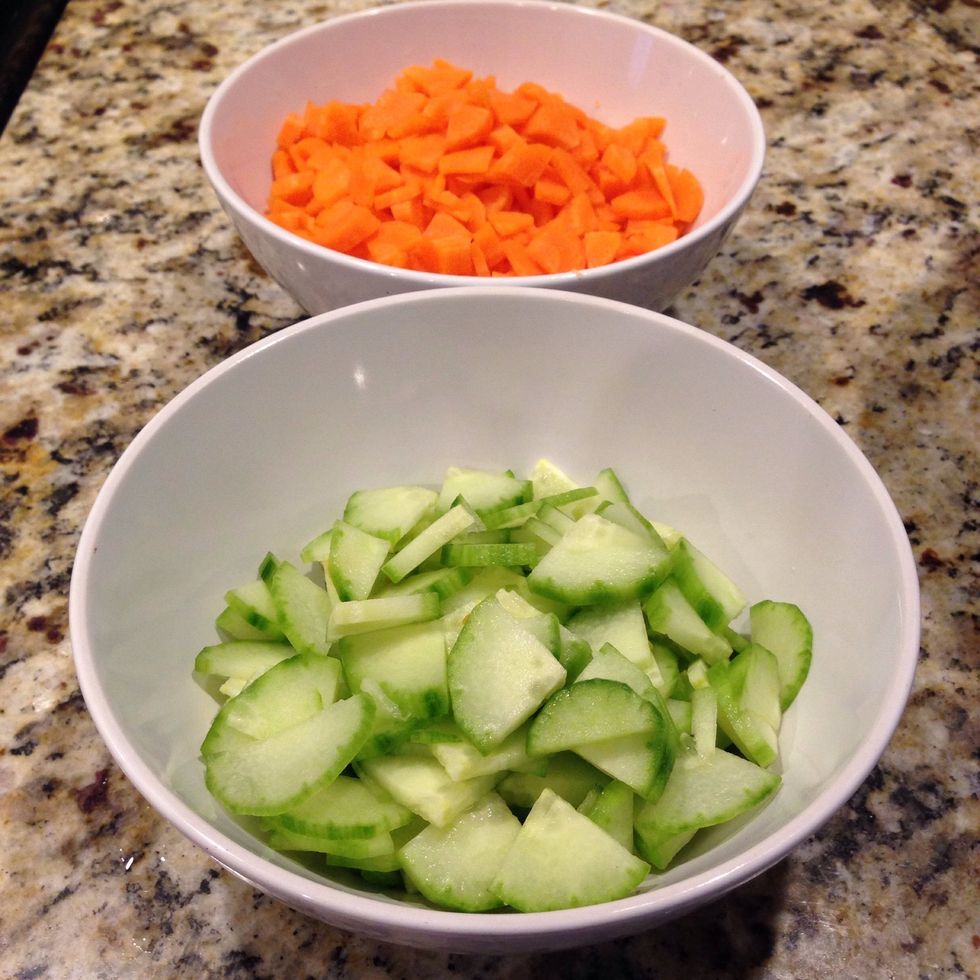 Peel and chop the carrots and cucumber. Mix into the chicken salad.