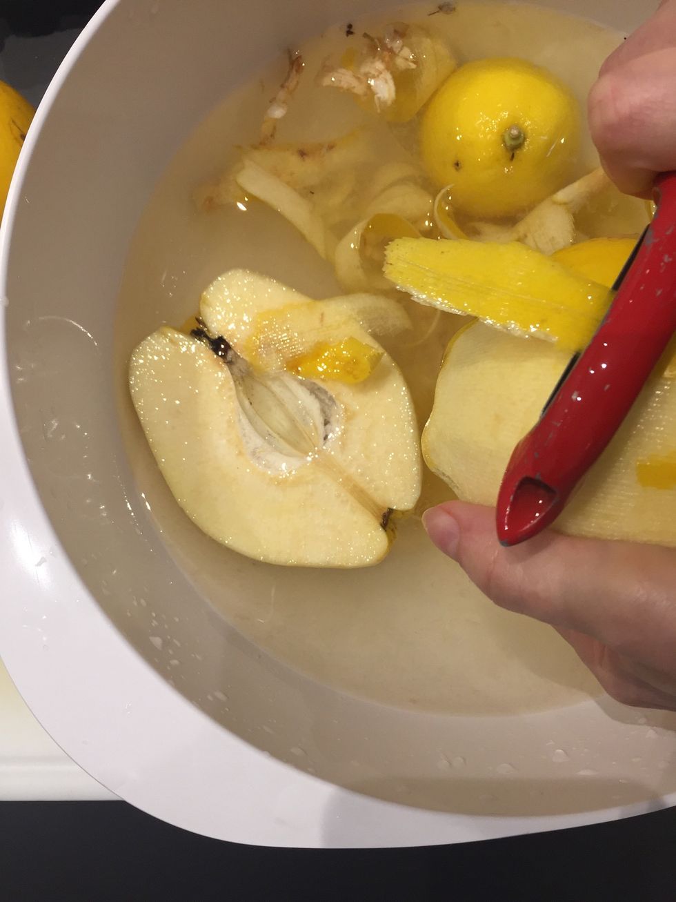 Peel and core the fruits. Put the peel, the seeds and the fruit in the boiling syrup. Cook until tender (30mins). Then continue to cook on low untill the color becomes deep Amber.