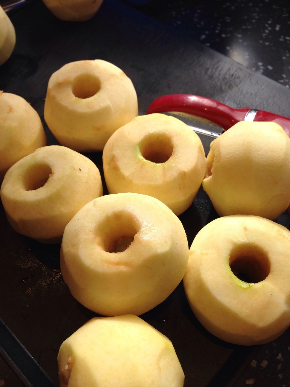 Peel and core your apples. Then chop them in to small 1cm pieces and add them to a bowl. If the apples are very juicy lay them on kitchen paper first, and pat dry with another sheet of kitchen paper