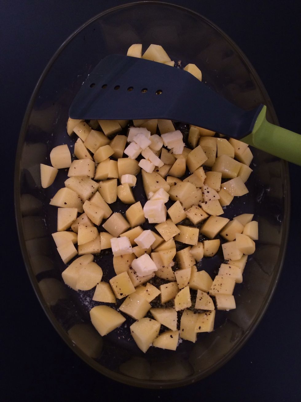 Peel and cube the potatoes 1 cm. (they will cook faster). Put 1TBsp olive oil, 1TBsp of butter, salt and sugar . Put in a 200C oven 25-30 mins. Stir few times for even roasting.