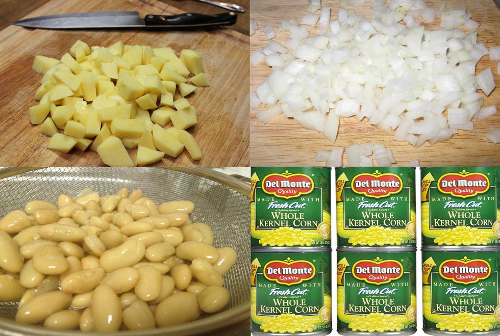 Peel and dice potatoes, chop onion, drain and rinse cannelini beans - leave cans of corn AS IS!
