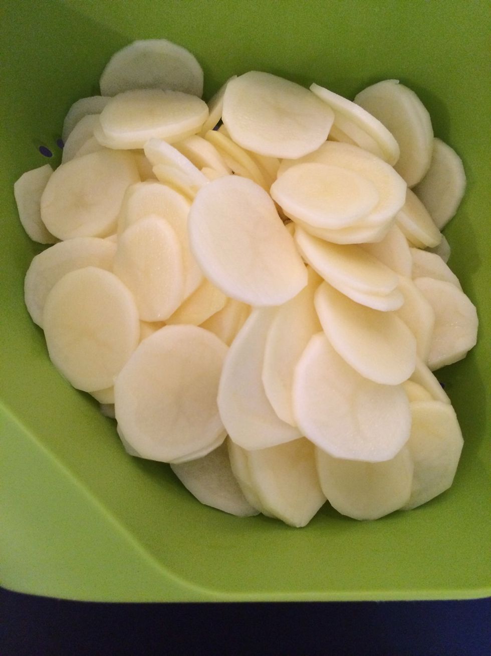 Peel and slice the potatoes as thin as you can. I used a mandoline. Or food processor or by hand.