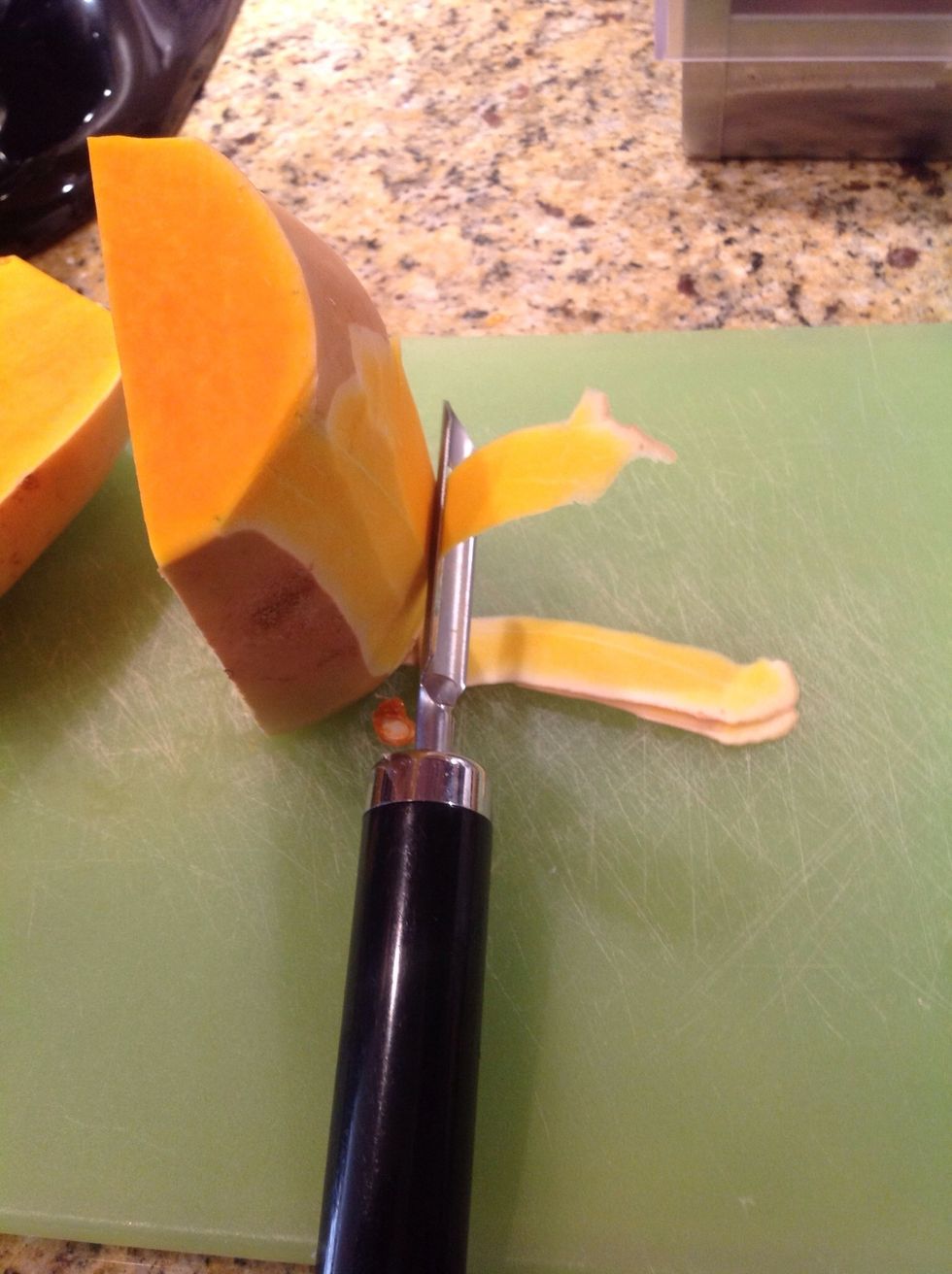 Peel away the skin with a sturdy vegetable peeler. This will take a bit of time.
