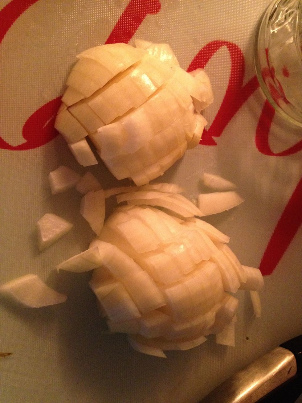 Peel, chop and dice your onion,  into medium sized cubes.