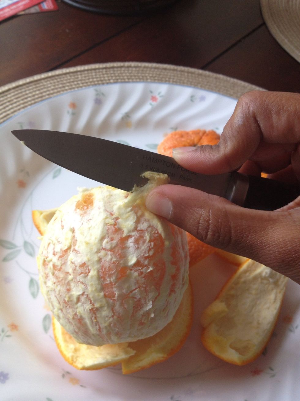 Peel off the white fibre using a knife. While the fibre is good for you, it has a slightly bitter taste that I'm not fond of..