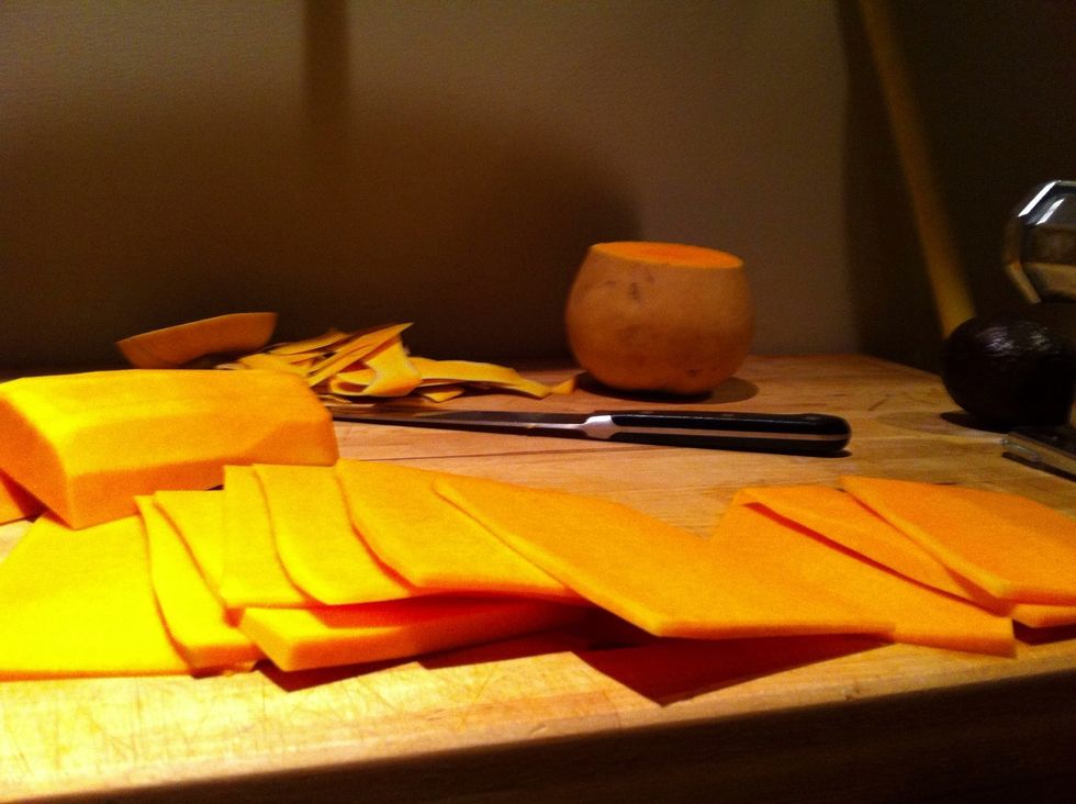 Peel skin & Slice up long end of a Butternut Squash. 1/8" cut. Don't be cheap...buy a good knife.