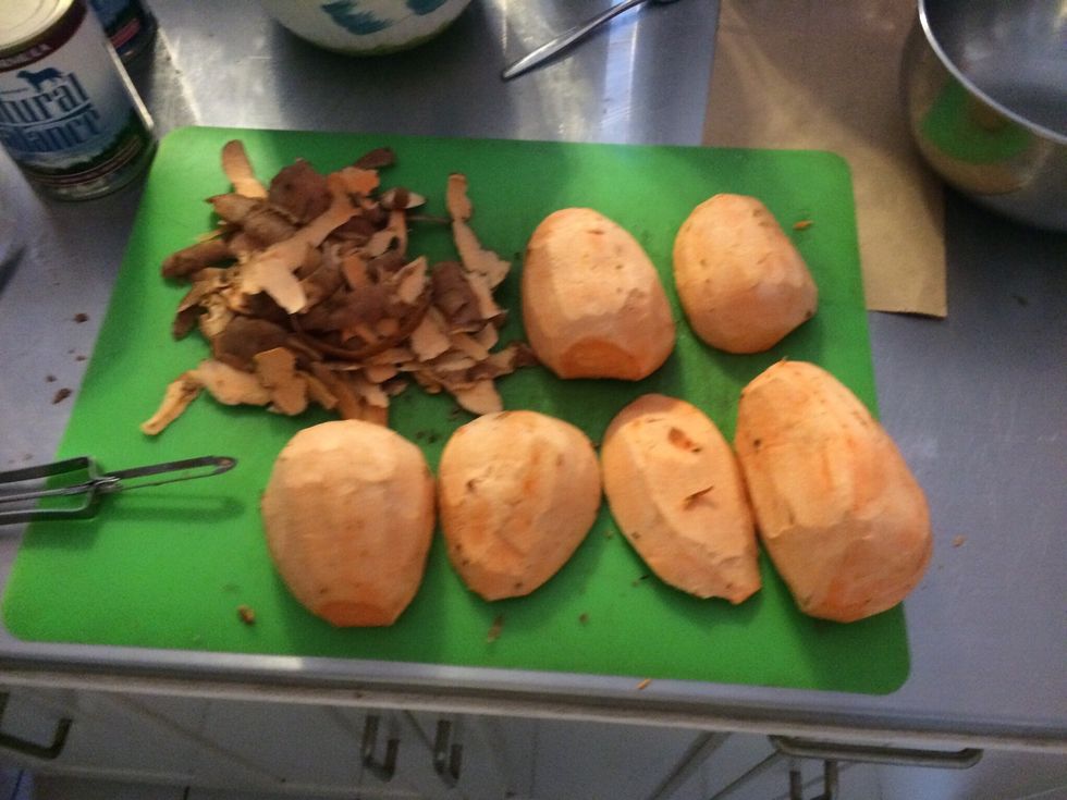 Peel sweet potatoes. Fill pot halfway with water and bring to a boil. I usually do more than one sweet potato to cut back on prep time for the next batch.