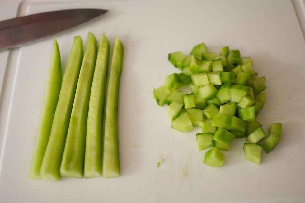 Peel the cucumber, then cut it in half and remove the seeds with a small spoon by scraping them out. Cut each half into quarters then dice as shown in the picture above.