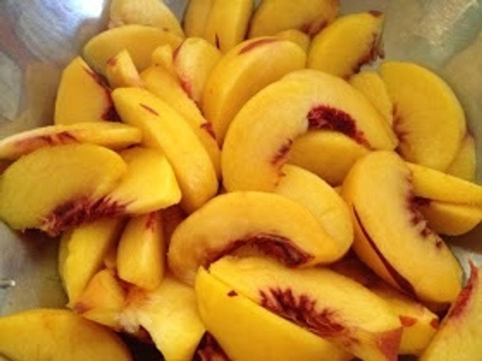 Peel the peaches with a vegetable peeler. Cut in half, remove and discard the seeds, then cut peaches into thin slices. Toss the peaches in the lemon juice and sugar, cinnamon and flour. Set aside