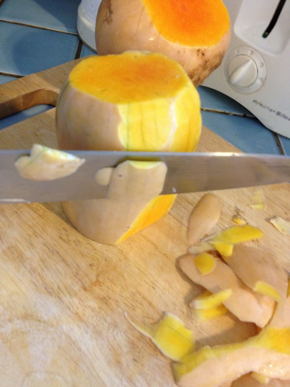 Peel the squash. The skin is pretty tough so I just used a knife because none of my peelers worked very well.