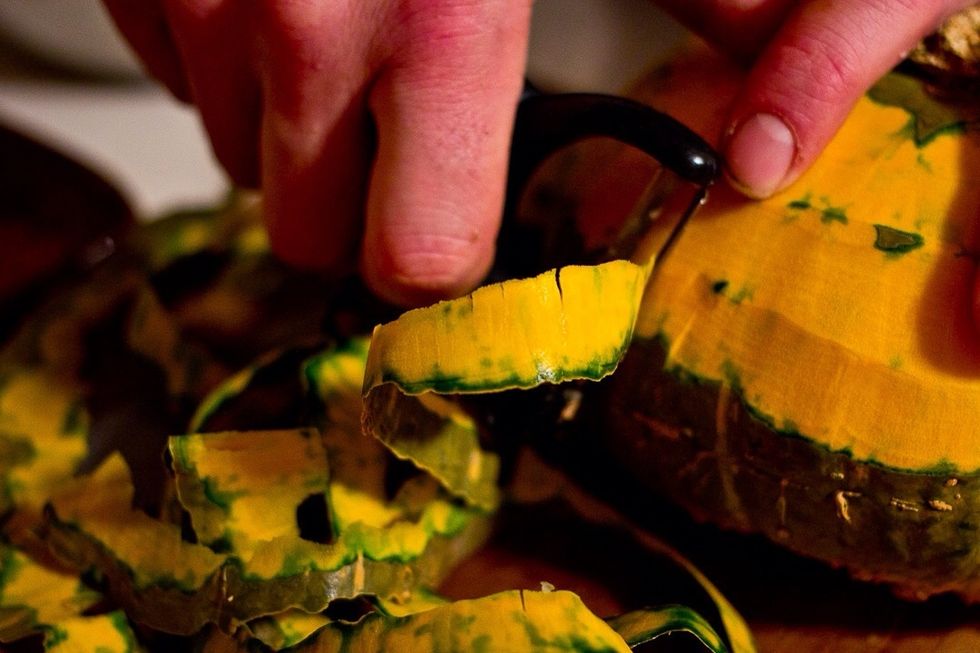 Peel the squash. The skins can be hard and sometimes you need to run over it a few times with the peeler to get it all.