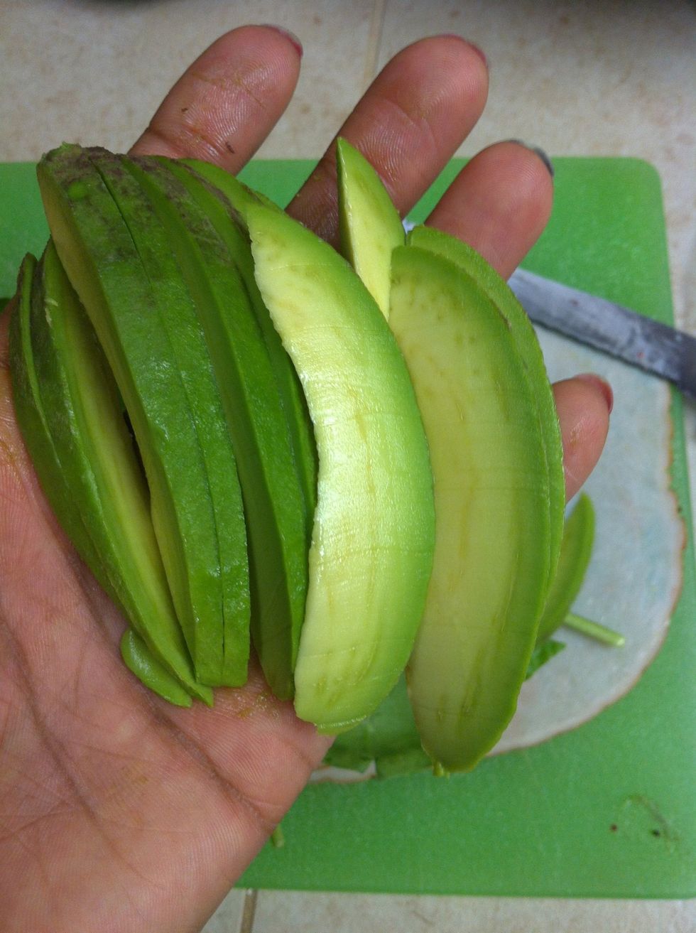 Peel the the skin off and slice your avocado into thin/medium slices.