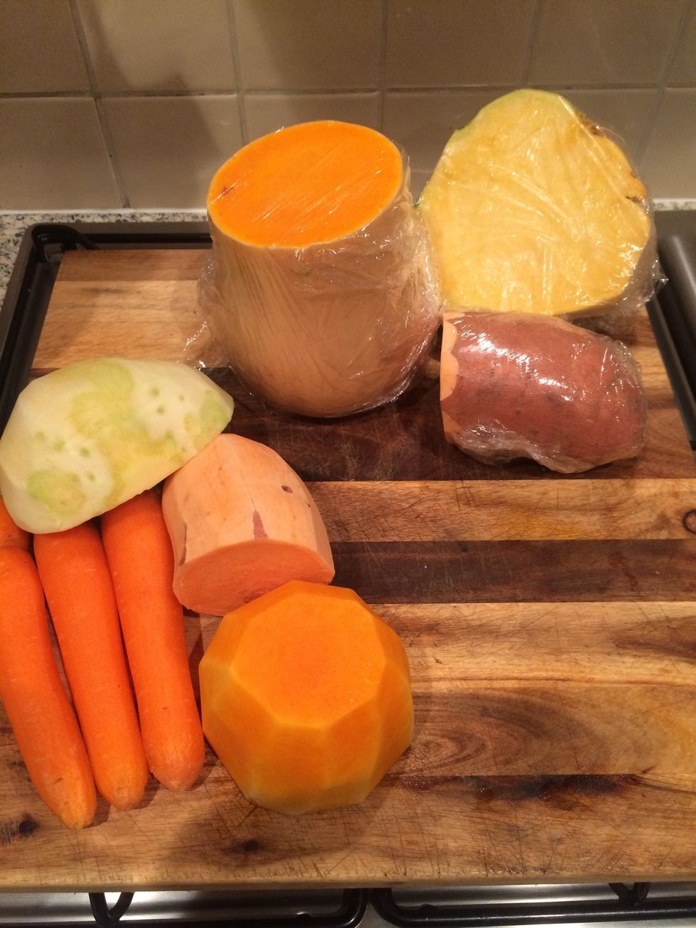 Peel the veg guy need depending on how many people your cooking for, put rest away!